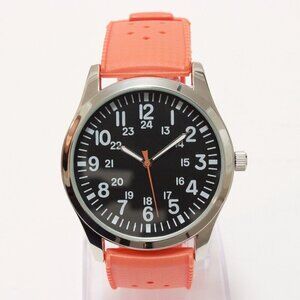 Men's Quartz Field Watch Silver Case Orange Tropical Rubber Strap 42mm